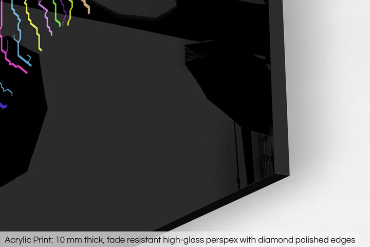 Closeup of an acrylic panel's corner, the details of a Grasshopper Geography map is visible. The text at the bottom reads: Acrylic print - 10 mm thick, fade reistant high-gloss perspex with diamond polished edges.