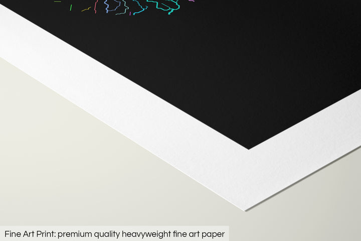 Closeup of a fine art print's corner lying on a flat surface, the details of a Grasshopper Geography map is visible. The text at the bottom reads: Fine art print - premium quality heavyweight fine art paper.