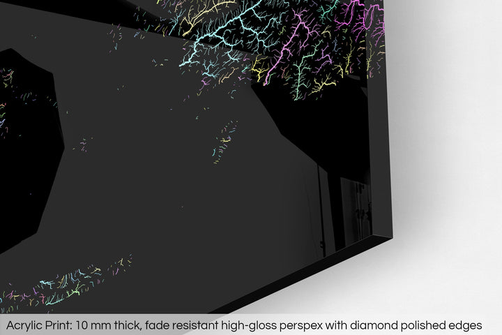 Closeup of an acrylic panel's corner, the details of a Grasshopper Geography map is visible. The text at the bottom reads: Acrylic print - 10 mm thick, fade reistant high-gloss perspex with diamond polished edges.