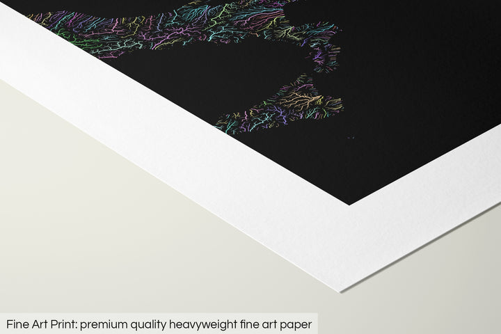 Closeup of a fine art print's corner lying on a flat surface, the details of a Grasshopper Geography map is visible. The text at the bottom reads: Fine art print - premium quality heavyweight fine art paper.