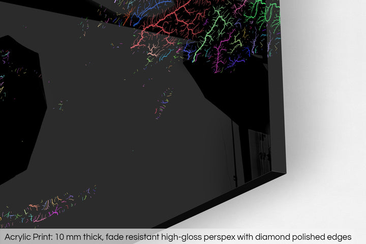 Closeup of an acrylic panel's corner, the details of a Grasshopper Geography map is visible. The text at the bottom reads: Acrylic print - 10 mm thick, fade reistant high-gloss perspex with diamond polished edges.