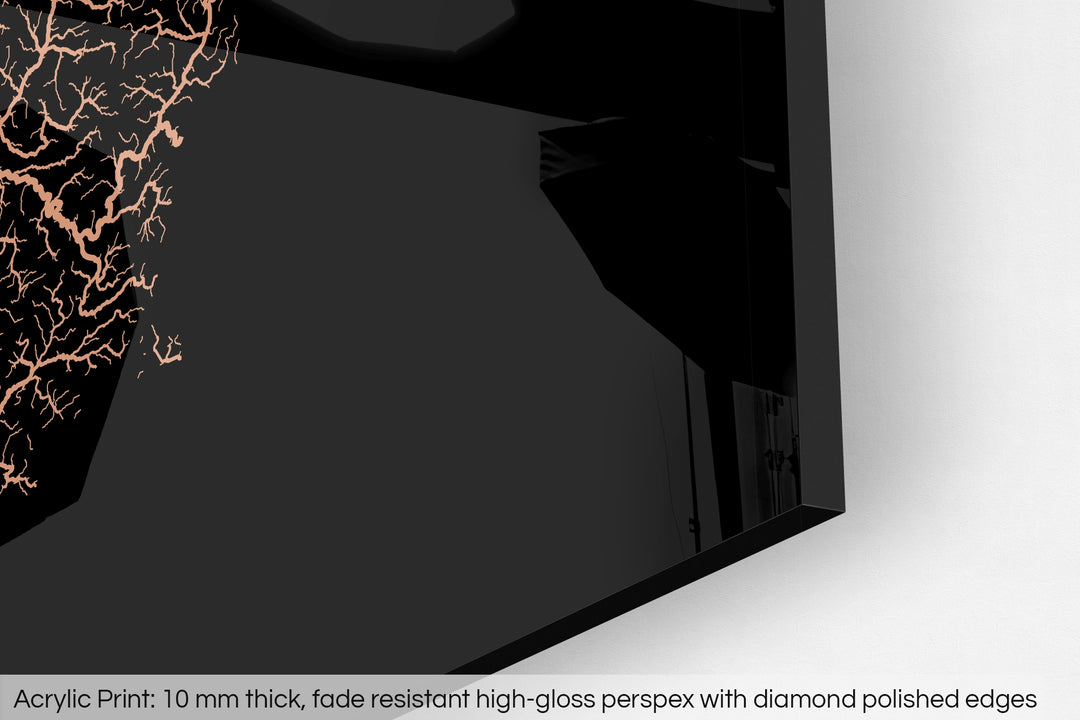 Closeup of an acrylic panel's corner, the details of a Grasshopper Geography map is visible. The text at the bottom reads: Acrylic print - 10 mm thick, fade reistant high-gloss perspex with diamond polished edges.