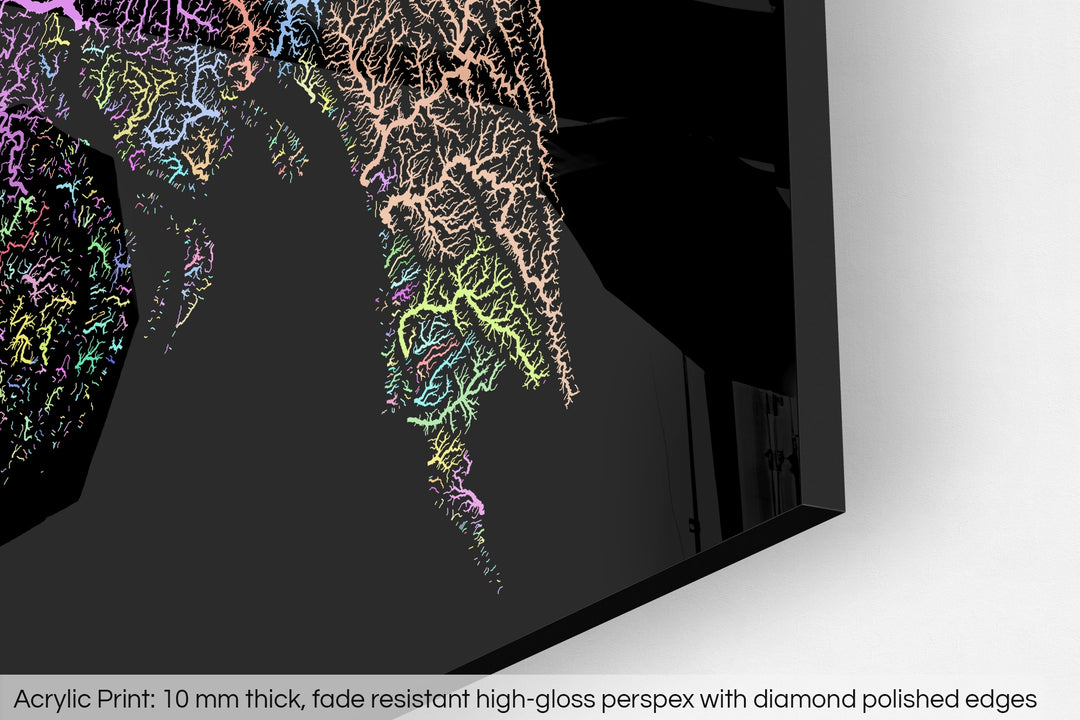 Closeup of an acrylic panel's corner, the details of a Grasshopper Geography map is visible. The text at the bottom reads: Acrylic print - 10 mm thick, fade reistant high-gloss perspex with diamond polished edges.
