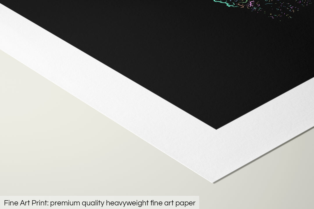 Closeup of a fine art print's corner lying on a flat surface, the details of a Grasshopper Geography map is visible. The text at the bottom reads: Fine art print - premium quality heavyweight fine art paper.