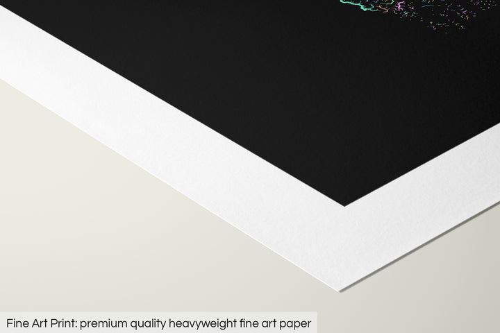 Closeup of a fine art print's corner lying on a flat surface, the details of a Grasshopper Geography map is visible. The text at the bottom reads: Fine art print - premium quality heavyweight fine art paper.