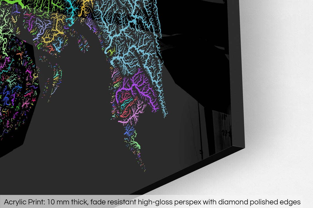 Closeup of an acrylic panel's corner, the details of a Grasshopper Geography map is visible. The text at the bottom reads: Acrylic print - 10 mm thick, fade reistant high-gloss perspex with diamond polished edges.