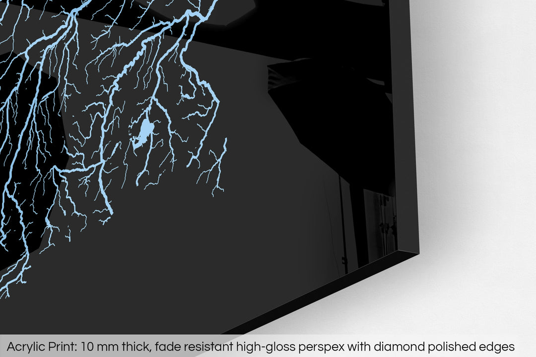 Closeup of an acrylic panel's corner, the details of a Grasshopper Geography map is visible. The text at the bottom reads: Acrylic print - 10 mm thick, fade reistant high-gloss perspex with diamond polished edges.
