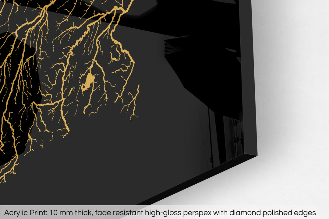 Closeup of an acrylic panel's corner, the details of a Grasshopper Geography map is visible. The text at the bottom reads: Acrylic print - 10 mm thick, fade reistant high-gloss perspex with diamond polished edges.