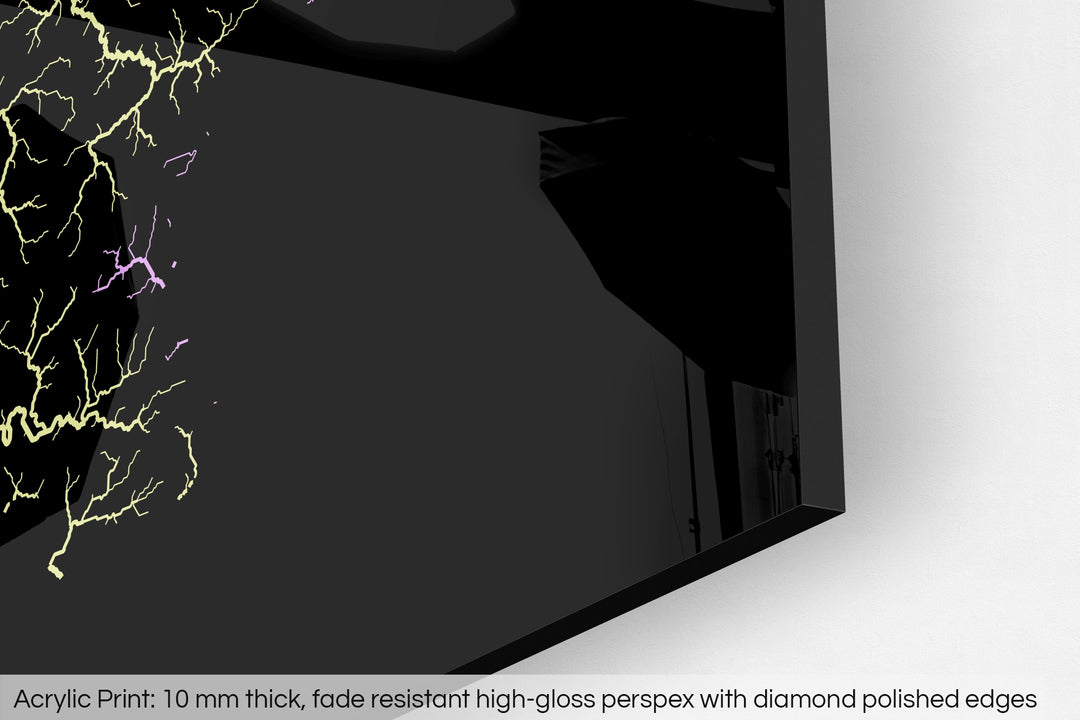 Closeup of an acrylic panel's corner, the details of a Grasshopper Geography map is visible. The text at the bottom reads: Acrylic print - 10 mm thick, fade reistant high-gloss perspex with diamond polished edges.