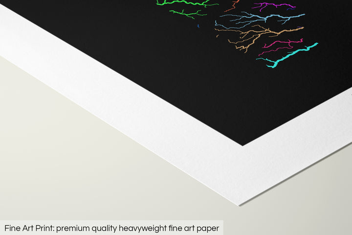 Closeup of a fine art print's corner lying on a flat surface, the details of a Grasshopper Geography map is visible. The text at the bottom reads: Fine art print - premium quality heavyweight fine art paper.