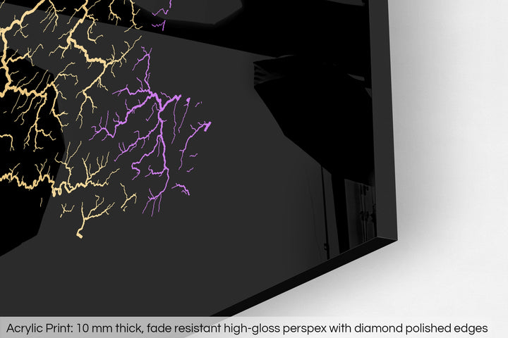 Closeup of an acrylic panel's corner, the details of a Grasshopper Geography map is visible. The text at the bottom reads: Acrylic print - 10 mm thick, fade reistant high-gloss perspex with diamond polished edges.