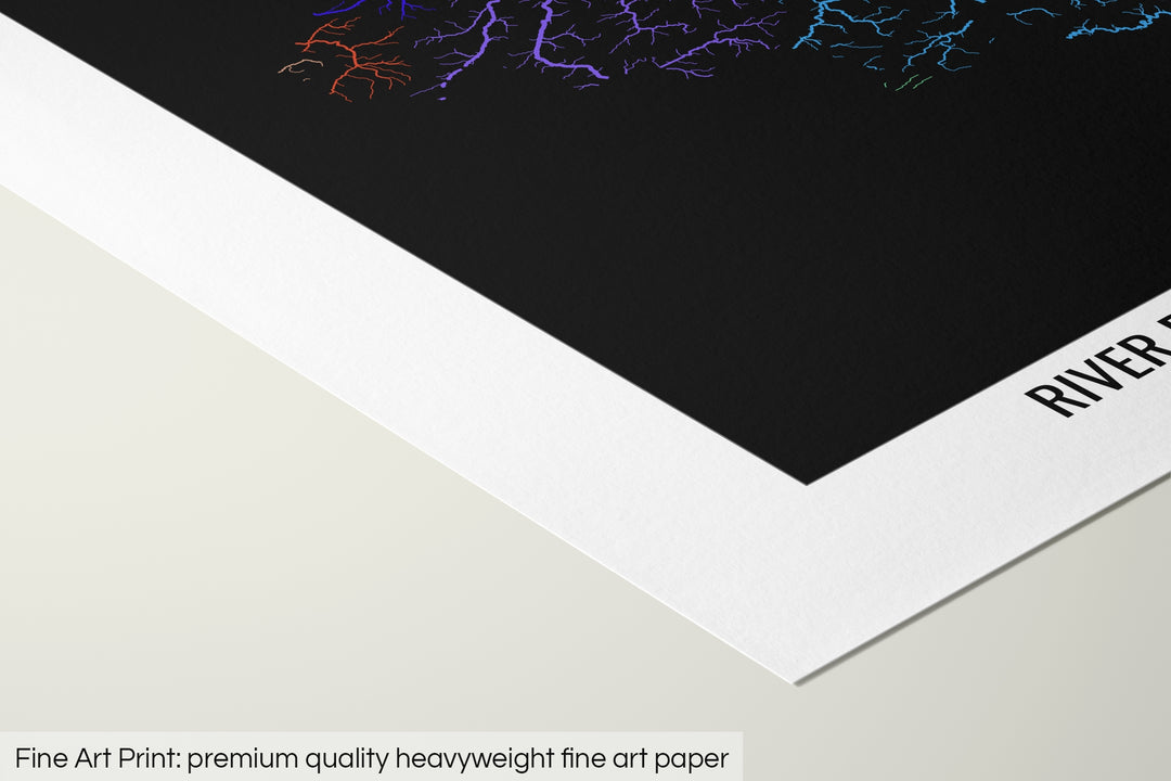 Closeup of a fine art print's corner lying on a flat surface, the details of a Grasshopper Geography map is visible. The text at the bottom reads: Fine art print - premium quality heavyweight fine art paper.