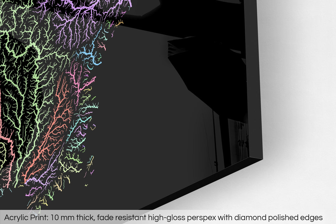 Closeup of an acrylic panel's corner, the details of a Grasshopper Geography map is visible. The text at the bottom reads: Acrylic print - 10 mm thick, fade reistant high-gloss perspex with diamond polished edges.
