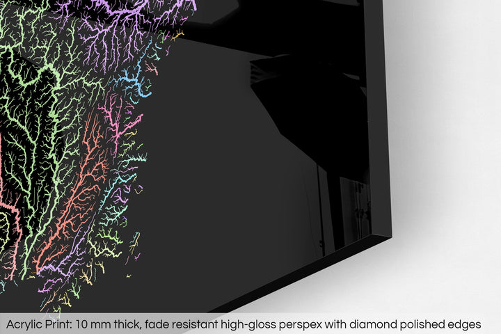 Closeup of an acrylic panel's corner, the details of a Grasshopper Geography map is visible. The text at the bottom reads: Acrylic print - 10 mm thick, fade reistant high-gloss perspex with diamond polished edges.