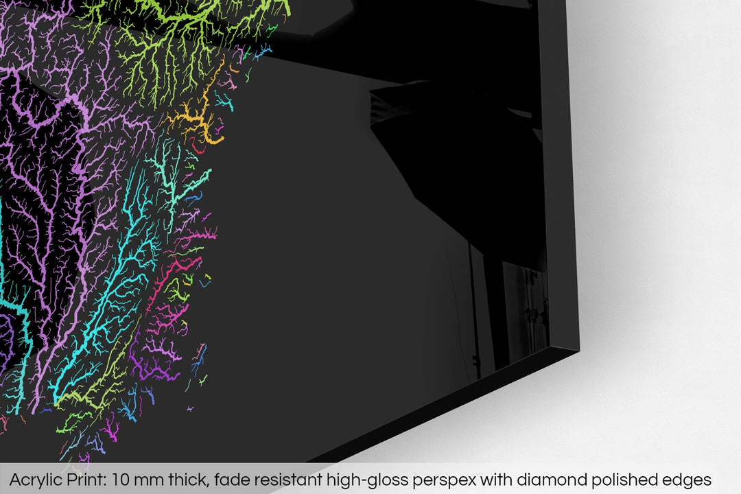 Closeup of an acrylic panel's corner, the details of a Grasshopper Geography map is visible. The text at the bottom reads: Acrylic print - 10 mm thick, fade reistant high-gloss perspex with diamond polished edges.