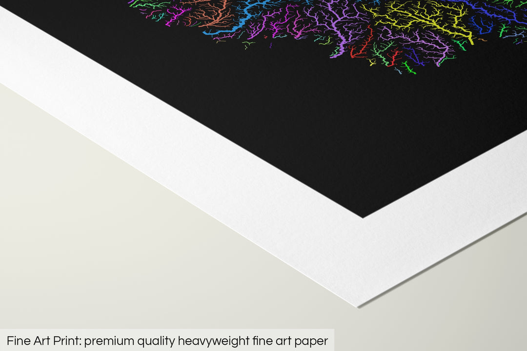 Closeup of a fine art print's corner lying on a flat surface, the details of a Grasshopper Geography map is visible. The text at the bottom reads: Fine art print - premium quality heavyweight fine art paper.