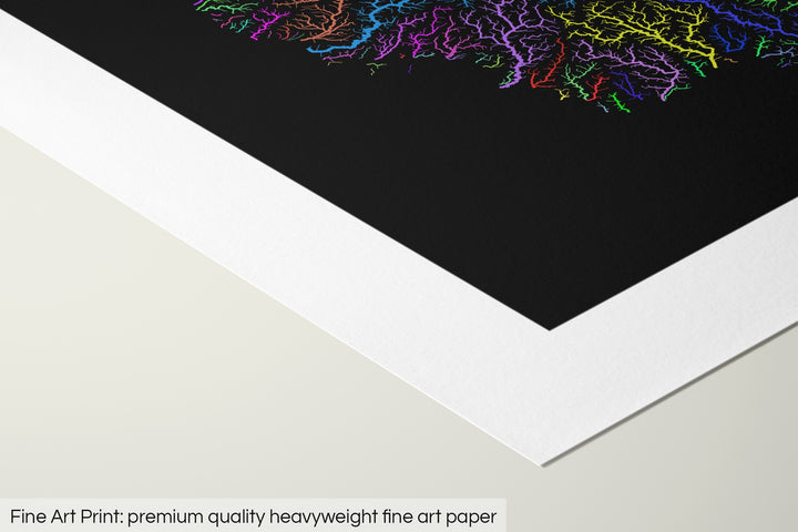 Closeup of a fine art print's corner lying on a flat surface, the details of a Grasshopper Geography map is visible. The text at the bottom reads: Fine art print - premium quality heavyweight fine art paper.