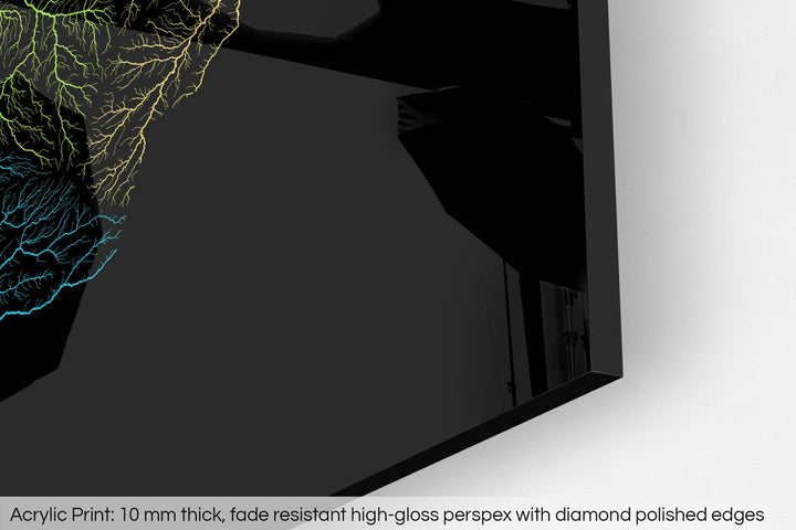 Closeup of an acrylic panel's corner, the details of a Grasshopper Geography map is visible. The text at the bottom reads: Acrylic print - 10 mm thick, fade reistant high-gloss perspex with diamond polished edges.