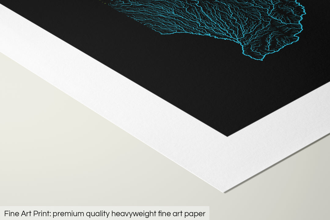 Closeup of a fine art print's corner lying on a flat surface, the details of a Grasshopper Geography map is visible. The text at the bottom reads: Fine art print - premium quality heavyweight fine art paper.