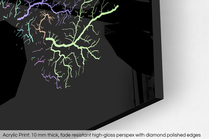 Closeup of an acrylic panel's corner, the details of a Grasshopper Geography map is visible. The text at the bottom reads: Acrylic print - 10 mm thick, fade reistant high-gloss perspex with diamond polished edges.