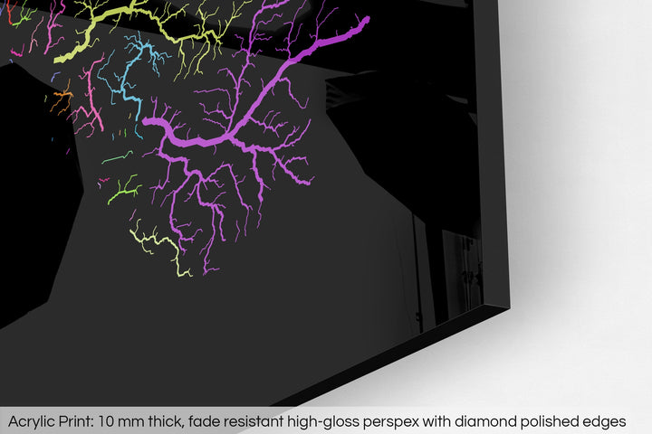 Closeup of an acrylic panel's corner, the details of a Grasshopper Geography map is visible. The text at the bottom reads: Acrylic print - 10 mm thick, fade reistant high-gloss perspex with diamond polished edges.