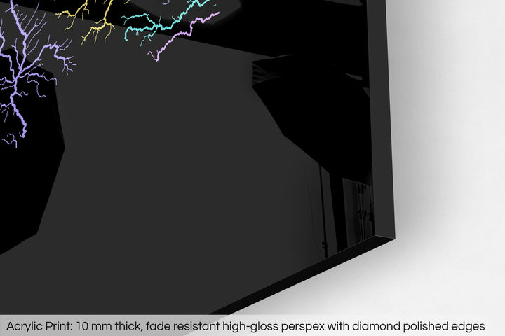 Closeup of an acrylic panel's corner, the details of a Grasshopper Geography map is visible. The text at the bottom reads: Acrylic print - 10 mm thick, fade reistant high-gloss perspex with diamond polished edges.