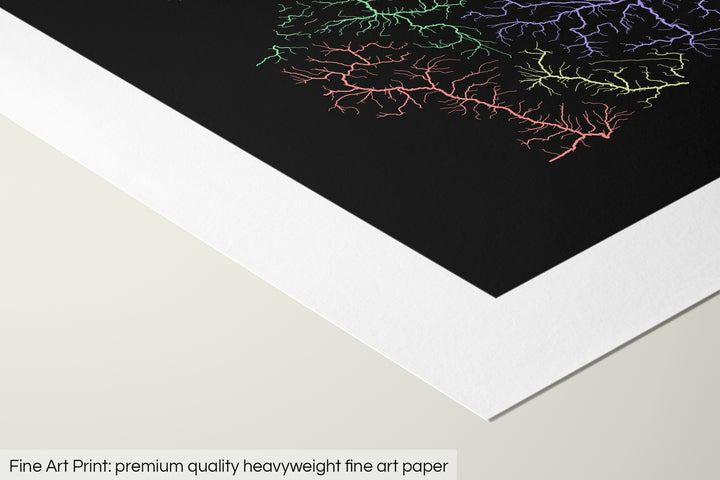 Closeup of a fine art print's corner lying on a flat surface, the details of a Grasshopper Geography map is visible. The text at the bottom reads: Fine art print - premium quality heavyweight fine art paper.