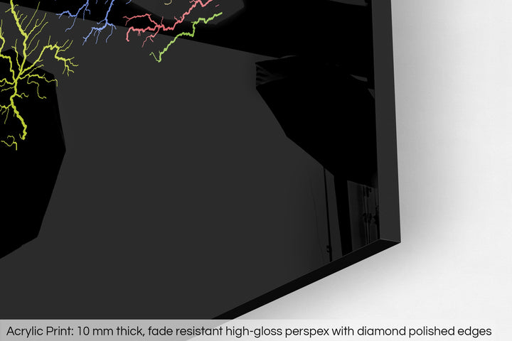 Closeup of an acrylic panel's corner, the details of a Grasshopper Geography map is visible. The text at the bottom reads: Acrylic print - 10 mm thick, fade reistant high-gloss perspex with diamond polished edges.