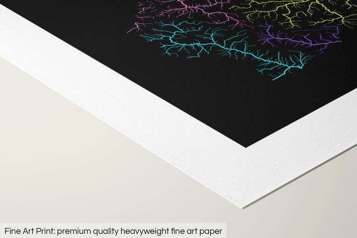 Closeup of a fine art print's corner lying on a flat surface, the details of a Grasshopper Geography map is visible. The text at the bottom reads: Fine art print - premium quality heavyweight fine art paper.