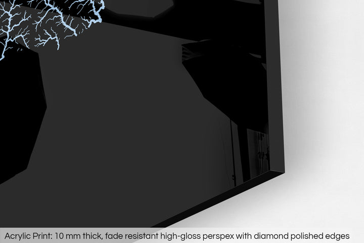 Closeup of an acrylic panel's corner, the details of a Grasshopper Geography map is visible. The text at the bottom reads: Acrylic print - 10 mm thick, fade reistant high-gloss perspex with diamond polished edges.