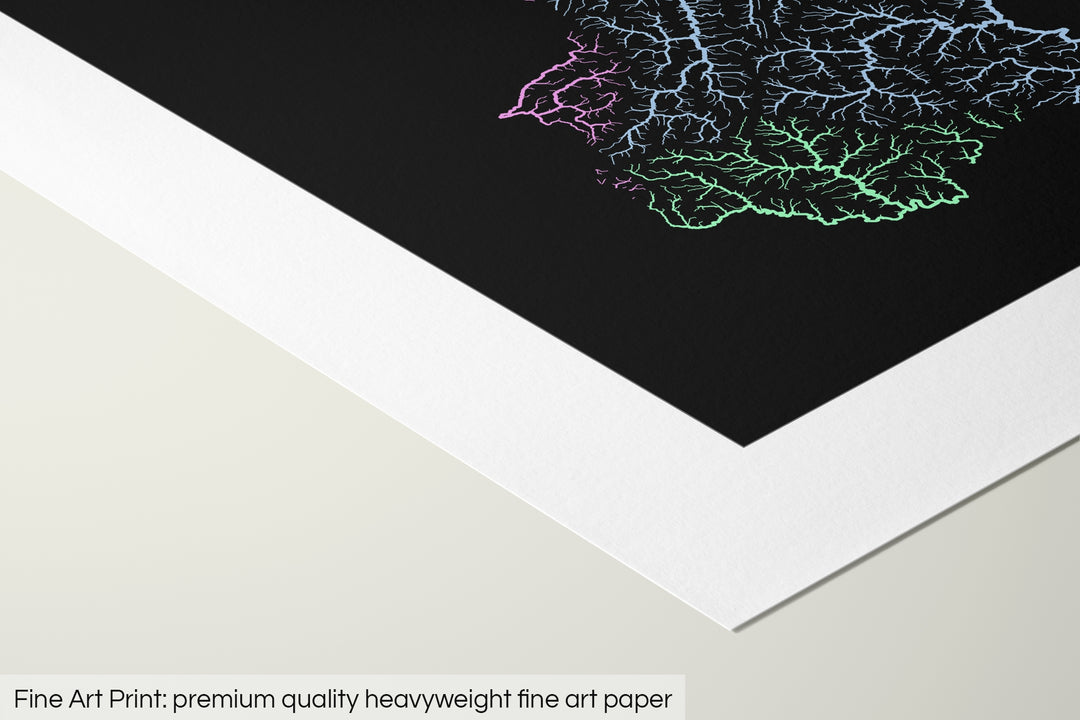 Closeup of a fine art print's corner lying on a flat surface, the details of a Grasshopper Geography map is visible. The text at the bottom reads: Fine art print - premium quality heavyweight fine art paper.