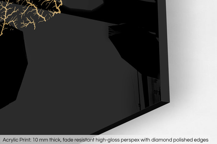 Closeup of an acrylic panel's corner, the details of a Grasshopper Geography map is visible. The text at the bottom reads: Acrylic print - 10 mm thick, fade reistant high-gloss perspex with diamond polished edges.