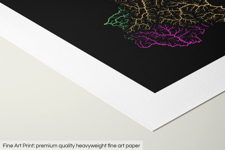 Closeup of a fine art print's corner lying on a flat surface, the details of a Grasshopper Geography map is visible. The text at the bottom reads: Fine art print - premium quality heavyweight fine art paper.