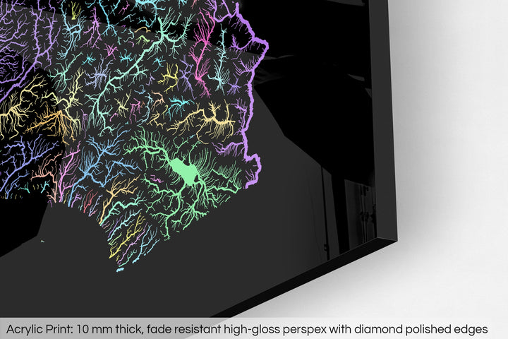 Closeup of an acrylic panel's corner, the details of a Grasshopper Geography map is visible. The text at the bottom reads: Acrylic print - 10 mm thick, fade reistant high-gloss perspex with diamond polished edges.