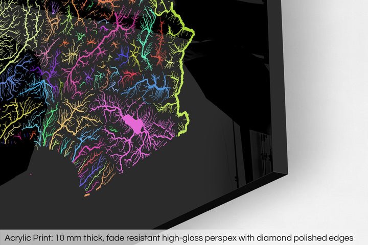 Closeup of an acrylic panel's corner, the details of a Grasshopper Geography map is visible. The text at the bottom reads: Acrylic print - 10 mm thick, fade reistant high-gloss perspex with diamond polished edges.