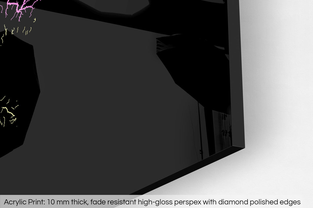 Closeup of an acrylic panel's corner, the details of a Grasshopper Geography map is visible. The text at the bottom reads: Acrylic print - 10 mm thick, fade reistant high-gloss perspex with diamond polished edges.