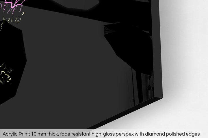 Closeup of an acrylic panel's corner, the details of a Grasshopper Geography map is visible. The text at the bottom reads: Acrylic print - 10 mm thick, fade reistant high-gloss perspex with diamond polished edges.