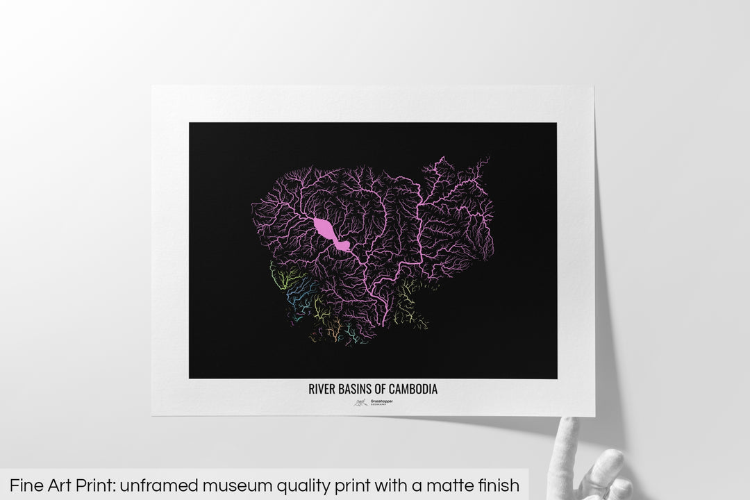 Unframed fine art print of a colourful map with a thick white mat. The title of the map and the Grasshopper Geography logo is printed on the mat, below the image. The map print lies flat on a white surface, a hand holding up one of the corners. The bottom text reads: Fine art print - unframed museum quality print with a matte finish.
