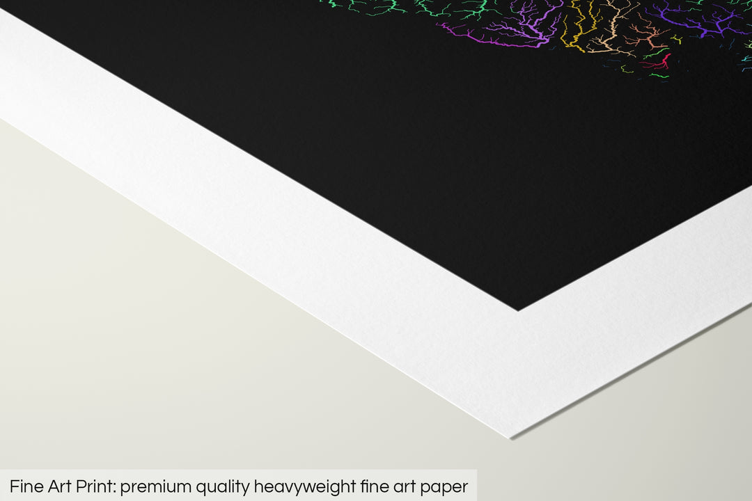 Closeup of a fine art print's corner lying on a flat surface, the details of a Grasshopper Geography map is visible. The text at the bottom reads: Fine art print - premium quality heavyweight fine art paper.