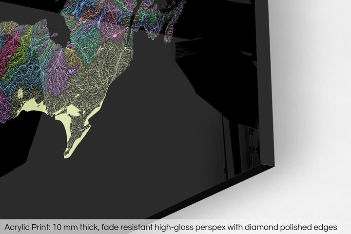 Closeup of an acrylic panel's corner, the details of a Grasshopper Geography map is visible. The text at the bottom reads: Acrylic print - 10 mm thick, fade reistant high-gloss perspex with diamond polished edges.