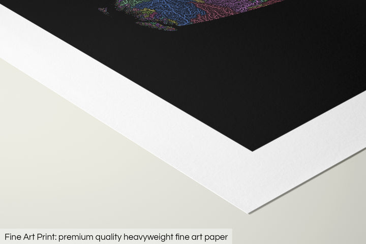 Closeup of a fine art print's corner lying on a flat surface, the details of a Grasshopper Geography map is visible. The text at the bottom reads: Fine art print - premium quality heavyweight fine art paper.