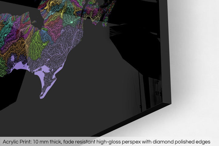 Closeup of an acrylic panel's corner, the details of a Grasshopper Geography map is visible. The text at the bottom reads: Acrylic print - 10 mm thick, fade reistant high-gloss perspex with diamond polished edges.