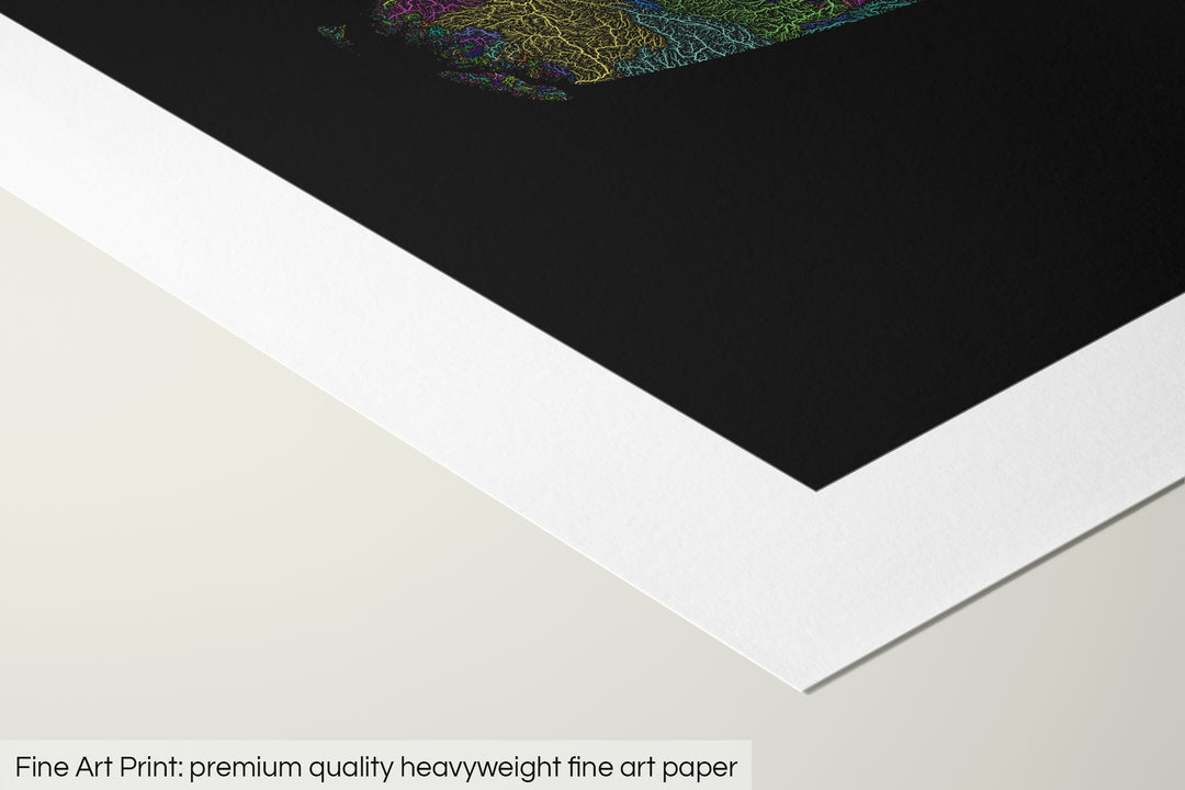 Closeup of a fine art print's corner lying on a flat surface, the details of a Grasshopper Geography map is visible. The text at the bottom reads: Fine art print - premium quality heavyweight fine art paper.