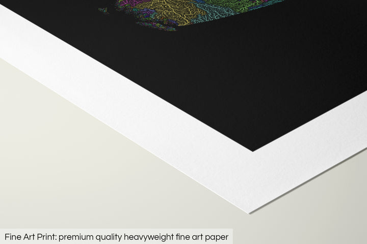 Closeup of a fine art print's corner lying on a flat surface, the details of a Grasshopper Geography map is visible. The text at the bottom reads: Fine art print - premium quality heavyweight fine art paper.