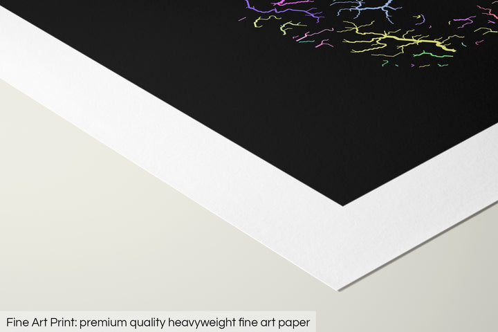Closeup of a fine art print's corner lying on a flat surface, the details of a Grasshopper Geography map is visible. The text at the bottom reads: Fine art print - premium quality heavyweight fine art paper.