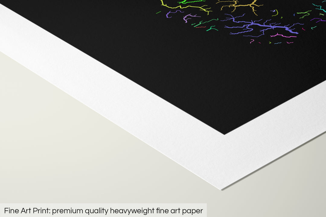 Closeup of a fine art print's corner lying on a flat surface, the details of a Grasshopper Geography map is visible. The text at the bottom reads: Fine art print - premium quality heavyweight fine art paper.