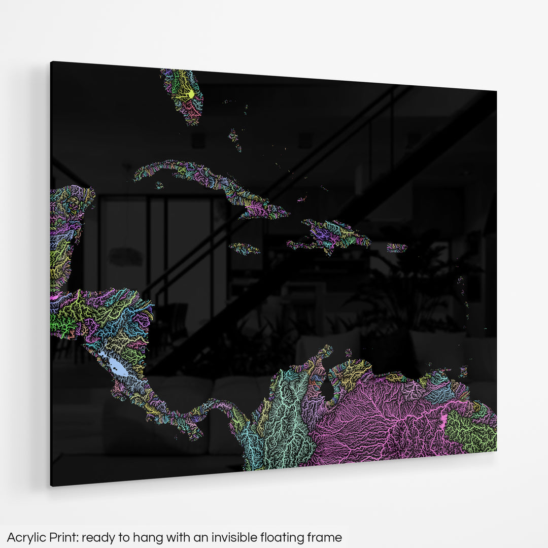 A colourful Grasshopper Geography map hanging on a white wall. The text at the bottom reads: Acrylic print - ready to hang with an invisible floating frame.