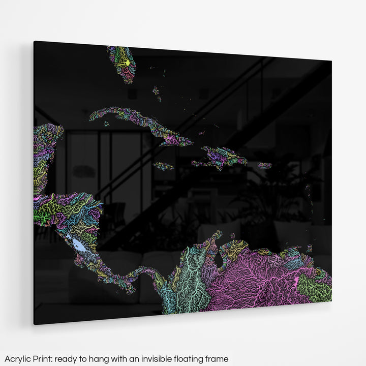 A colourful Grasshopper Geography map hanging on a white wall. The text at the bottom reads: Acrylic print - ready to hang with an invisible floating frame.