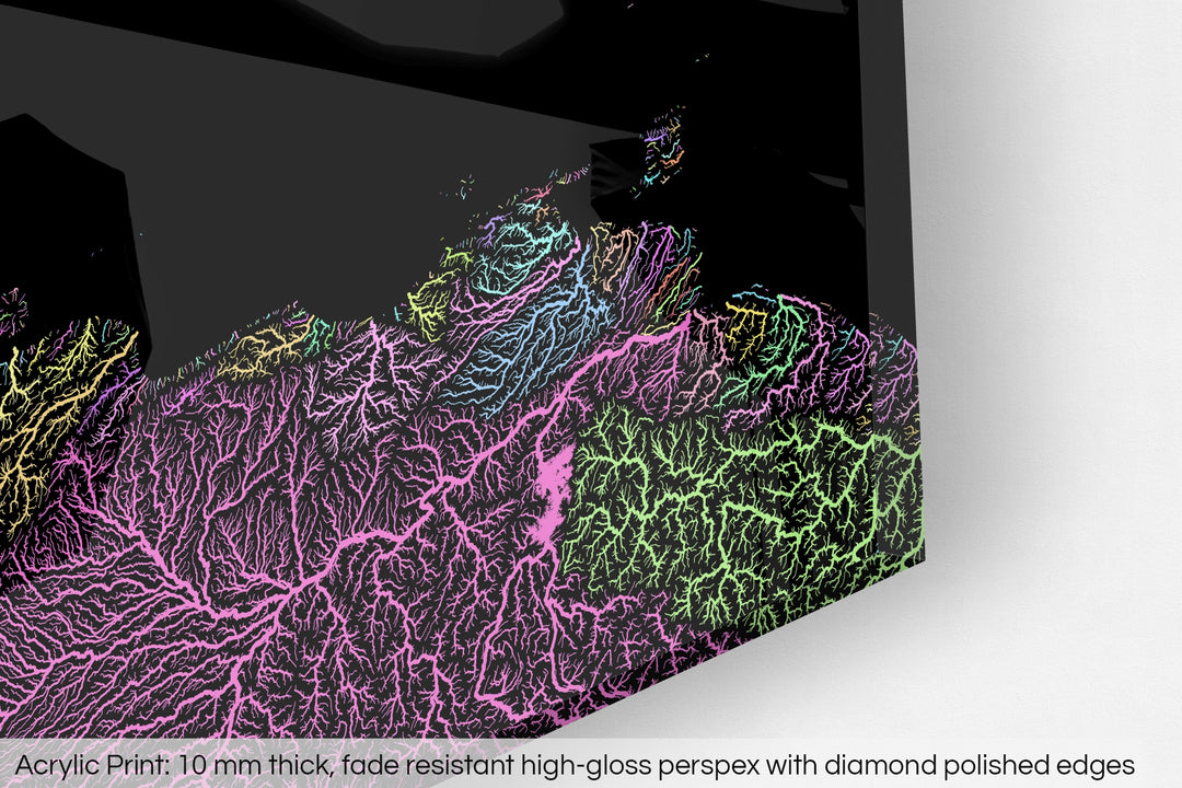 Closeup of an acrylic panel's corner, the details of a Grasshopper Geography map is visible. The text at the bottom reads: Acrylic print - 10 mm thick, fade reistant high-gloss perspex with diamond polished edges.