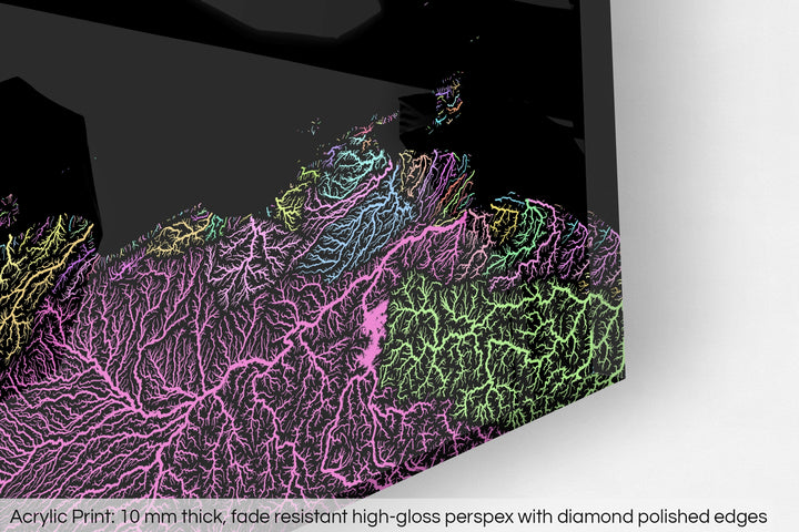 Closeup of an acrylic panel's corner, the details of a Grasshopper Geography map is visible. The text at the bottom reads: Acrylic print - 10 mm thick, fade reistant high-gloss perspex with diamond polished edges.